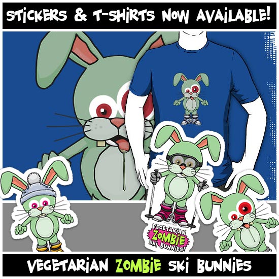 Vegetarian Zombie Ski Bunnies stickers & T-Shirts now available!